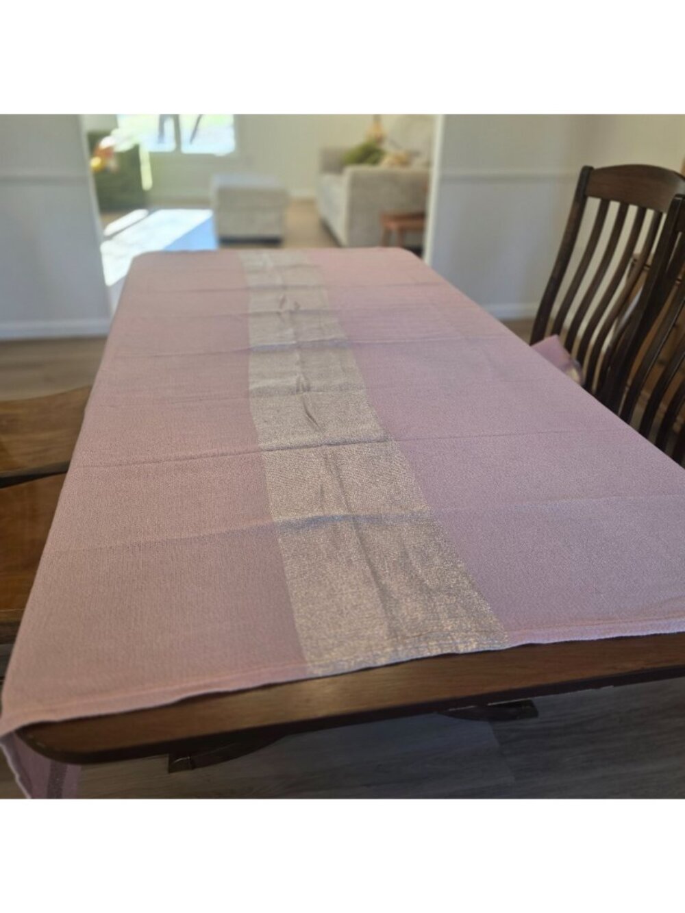 MCM 1950s Pink Woven Tablecloth & 6 Napkins Metallic Gray Accent Barbie Decor - Picture 9 of 10